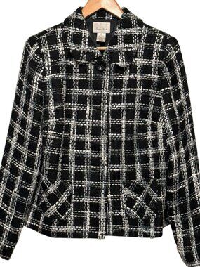 Studio Works Sz 14 Black White Plaid Tweed Concealed Button Blazer Jacket Career